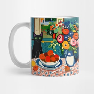 Black Cat with Flowers in a White Vase Still Life Painting Mug